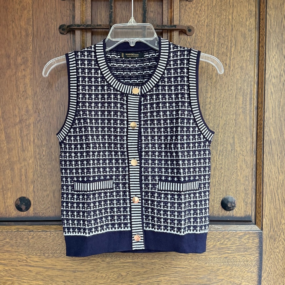 Mango Basic Navy and White Knit Top Size XS